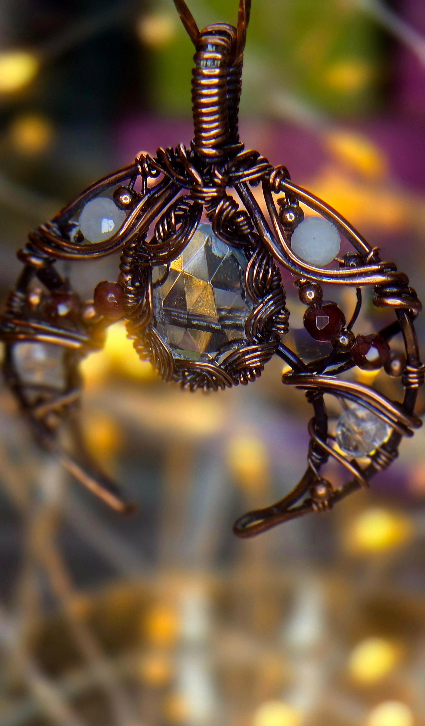 Blue Moon – Blue Topaz, Aquamarine, Garnet & Quartz Copper Pendant