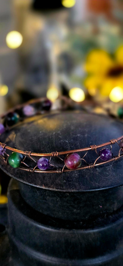 Mixed Tiger's Eye & Amethyst Woven Copper Bangle