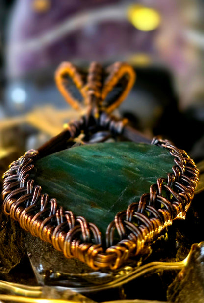 Fit For A Queen – Green Prasem Jasper, Moonstone & Ruby Copper Pendant