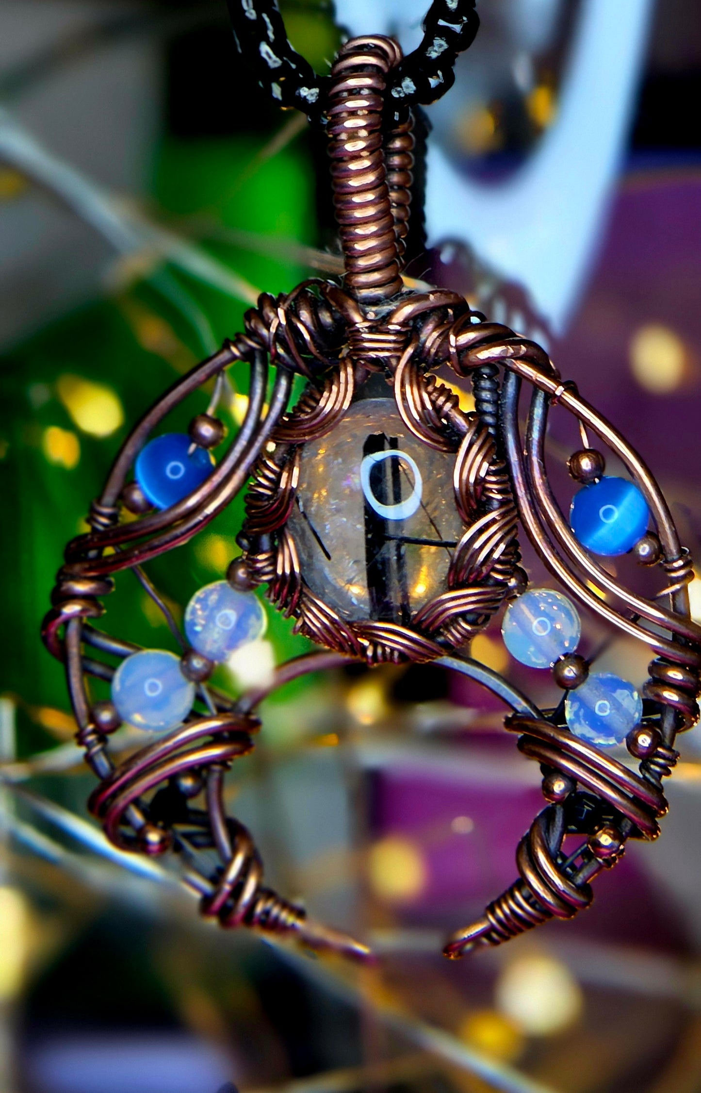Shadow & Light Shield Pendant – Black Rutile, Spinel & Blue Cat Eye