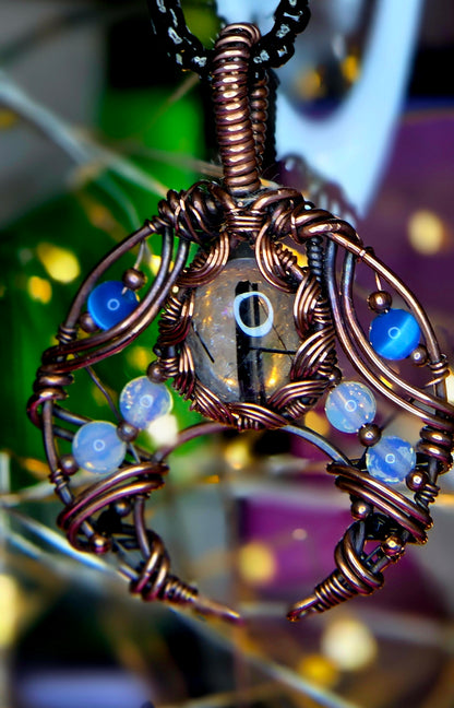 Shadow & Light Shield Pendant – Black Rutile, Spinel & Blue Cat Eye