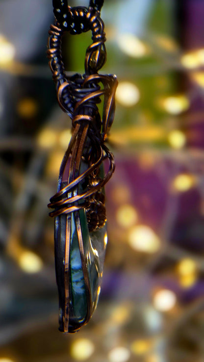 Green Moon – Green Plume Agate & Citrine Copper Pendant