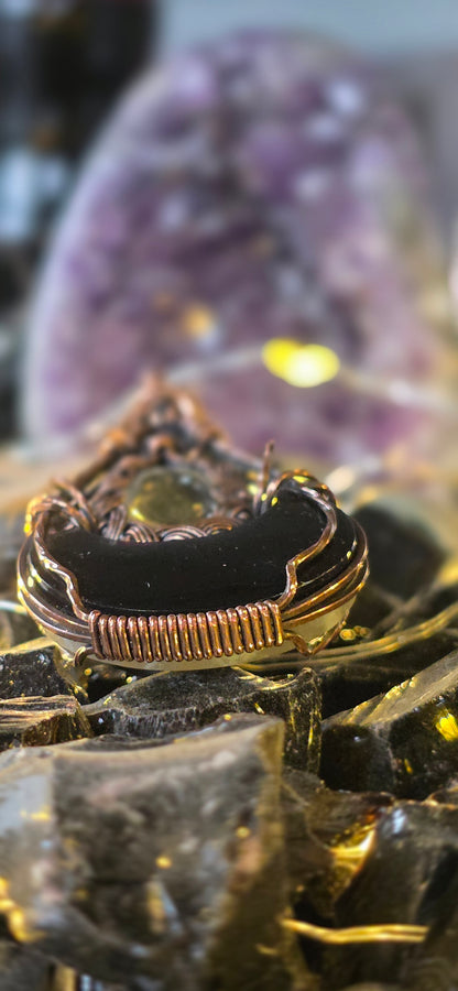 Moon Plume – Green Plume Agate & Clear Quartz Copper Pendant