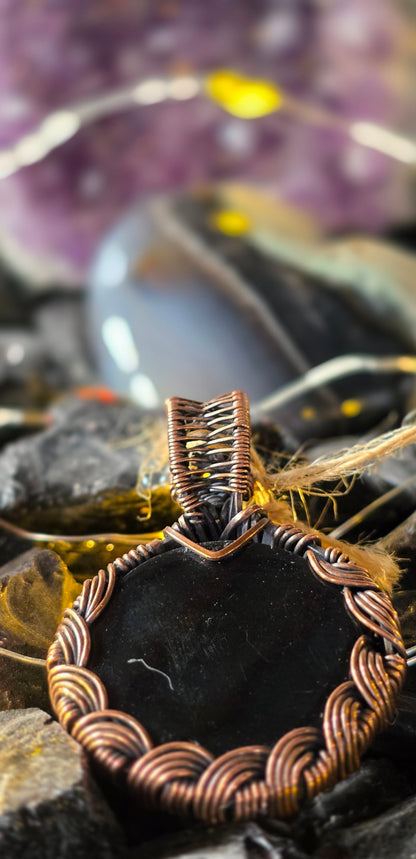 Yellow Plume Agate & Hessonite Garnet Copper Pendant