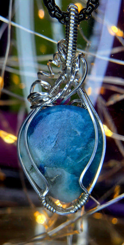 Shattuckite & Purple Tourmaline Pendant – Hand-Woven Silver Plated Copper Art