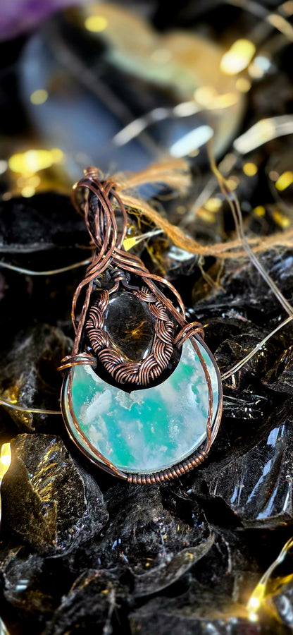 Moon Plume – Green Plume Agate & Clear Quartz Copper Pendant