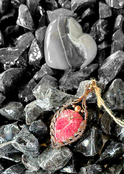 Romantic Rhodanite – Pink Rhodonite & Citrine Copper Wrapped Pendant
