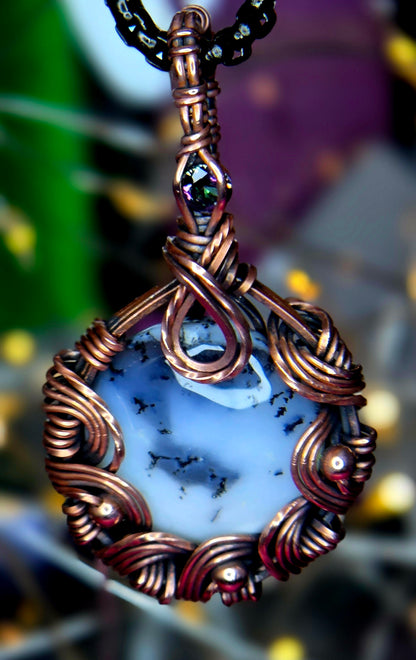 Mystic Forest Pendant – Hand-Wrapped Dendritic Opal & Rainbow Topaz