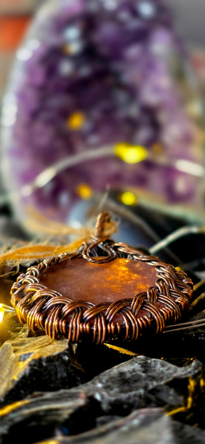 Precious Pendent – Strawberry Quartz & Peridot Copper Wrap