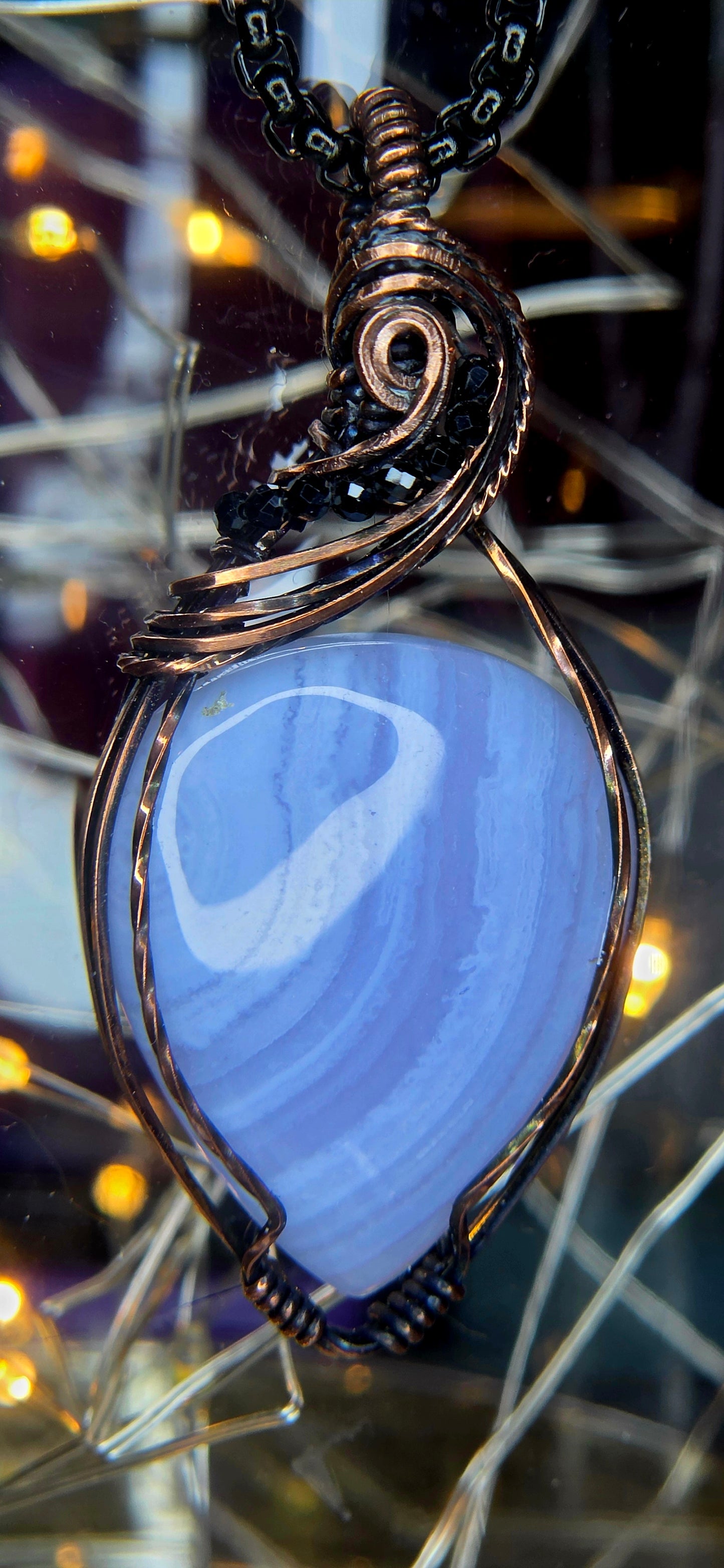 Beautiful Blue Lace – Blue Lace Agate & Black Spinel Copper Pendant
