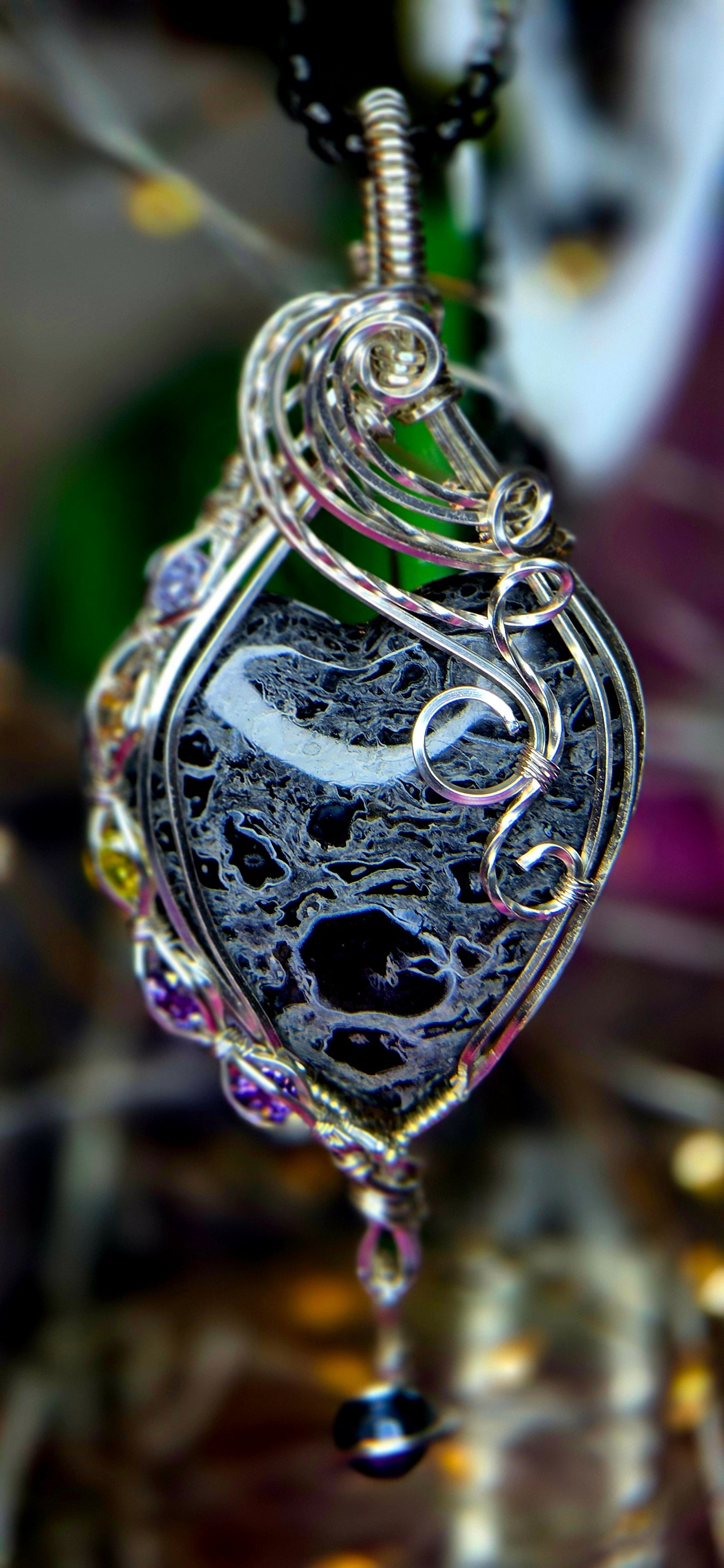 Ancient Wisdom Shield – Palm Root Fossil & Mystic Purple Agate Pendant