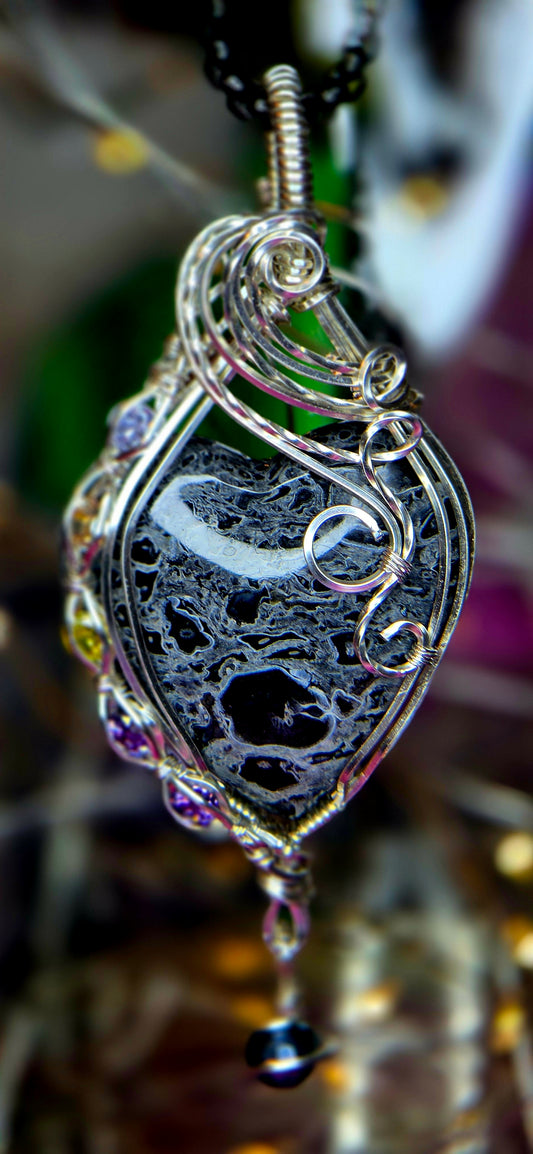Ancient Wisdom Shield – Palm Root Fossil & Mystic Purple Agate Pendant