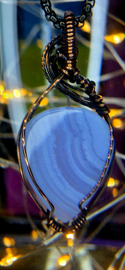 Beautiful Blue Lace – Blue Lace Agate & Black Spinel Copper Pendant