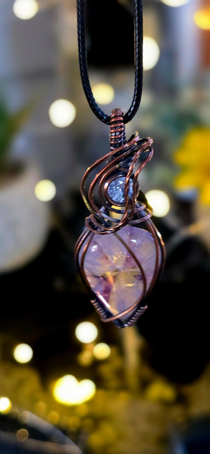 Waves Of Purple– Amethyst & Cubic Zirconia Copper Wire Pendant