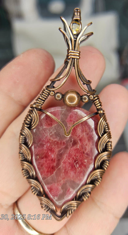 Romantic Rhodanite – Pink Rhodonite & Citrine Copper Wrapped Pendant