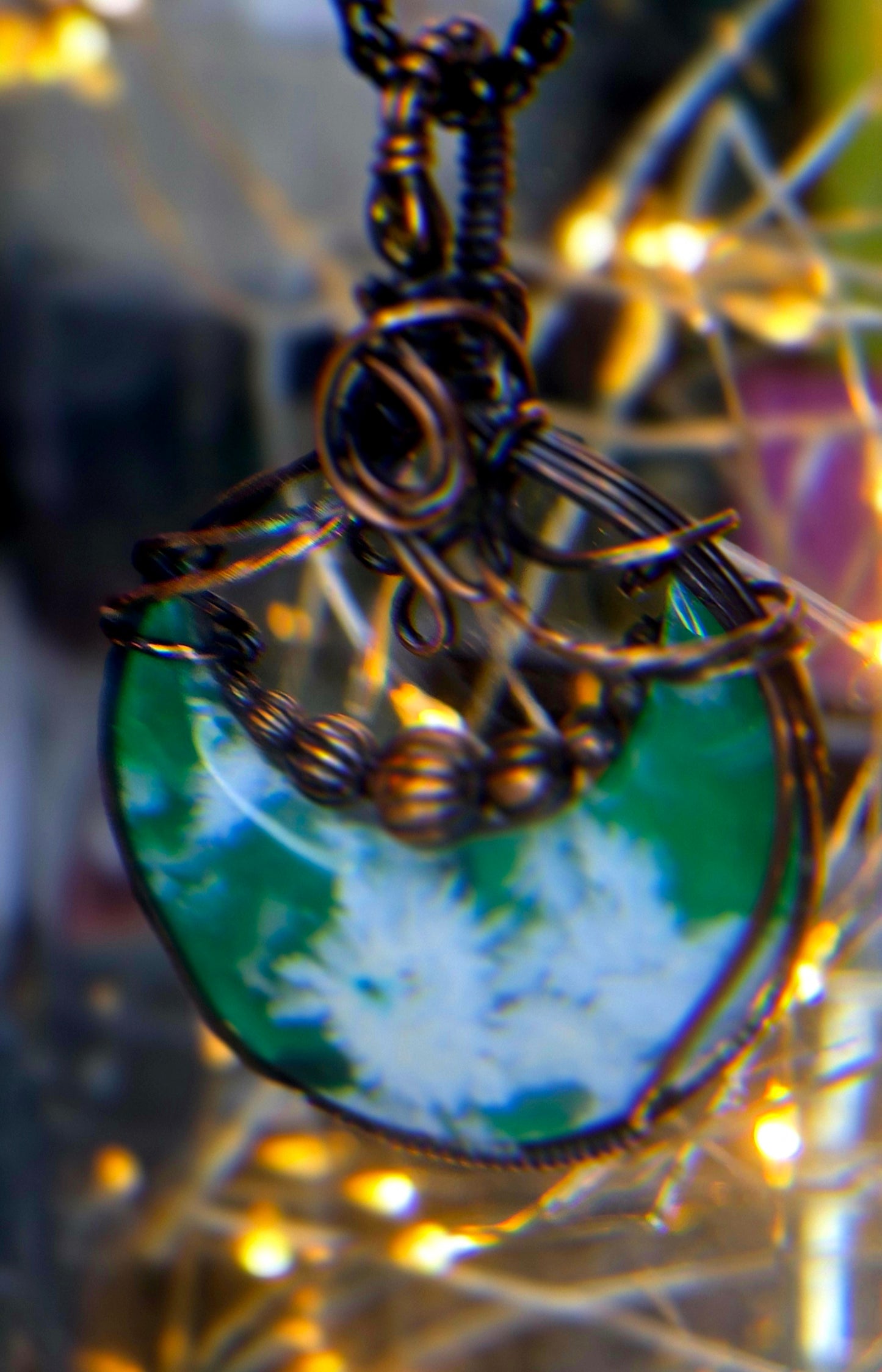 Green Moon – Green Plume Agate & Citrine Copper Pendant