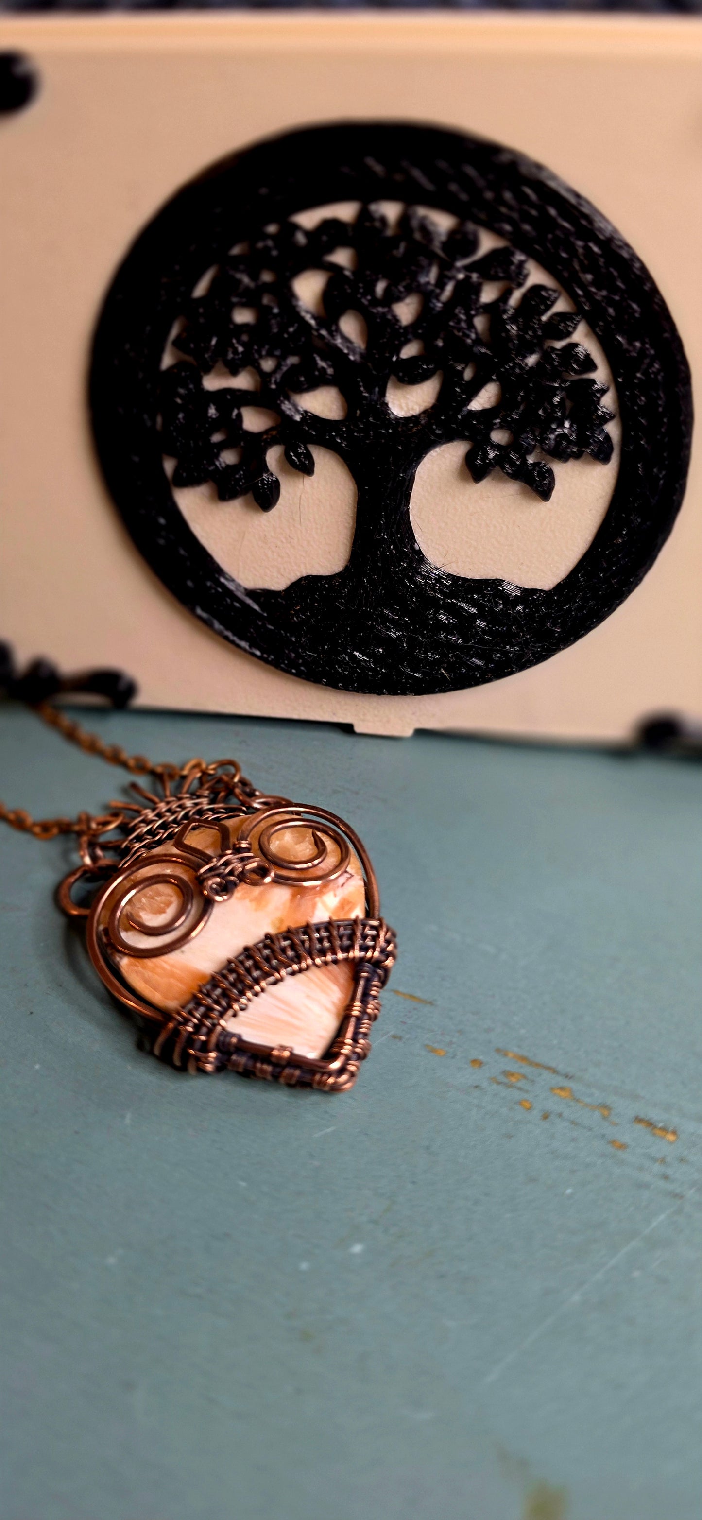 Pink Scolecite Guitar Pick Holder Pendant – Handcrafted Copper Jewelry