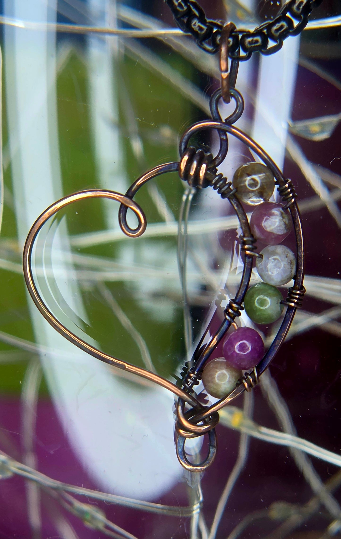 Copper Heart – Hand-Woven Mixed Tourmaline Heart Pendant