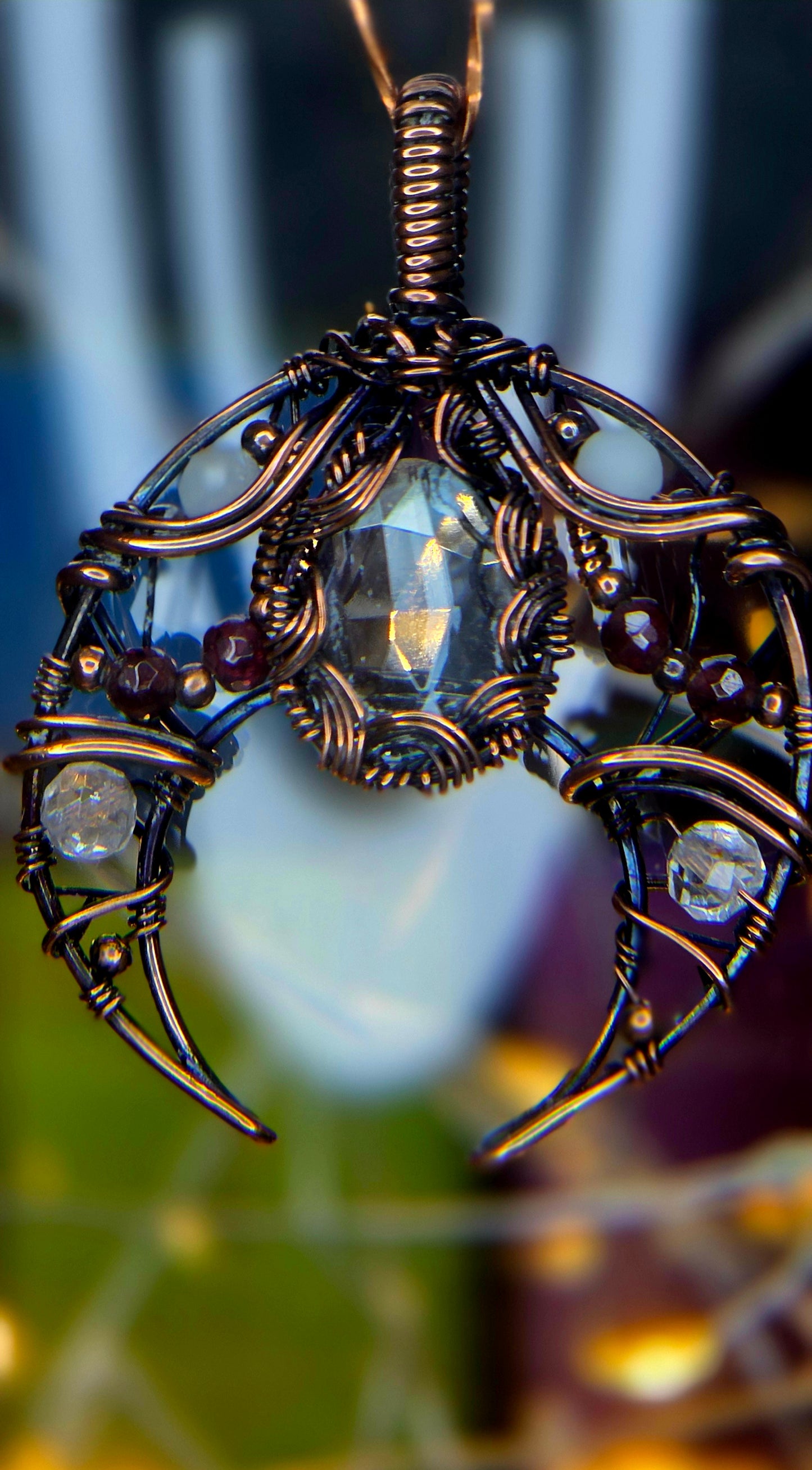 Blue Moon – Blue Topaz, Aquamarine, Garnet & Quartz Copper Pendant