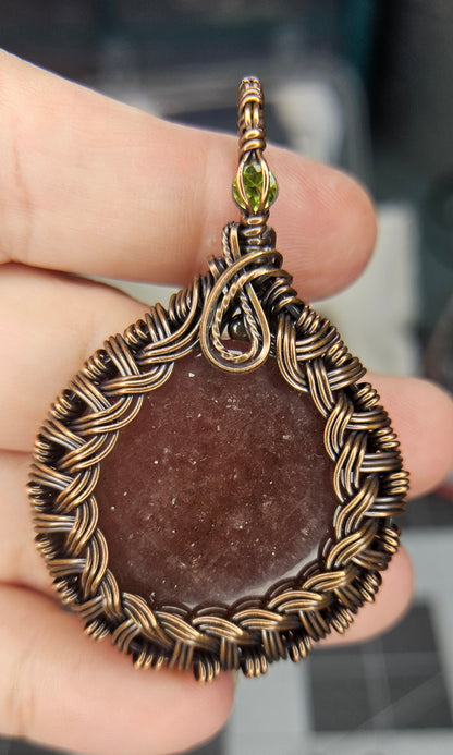 Precious Pendent – Strawberry Quartz & Peridot Copper Wrap