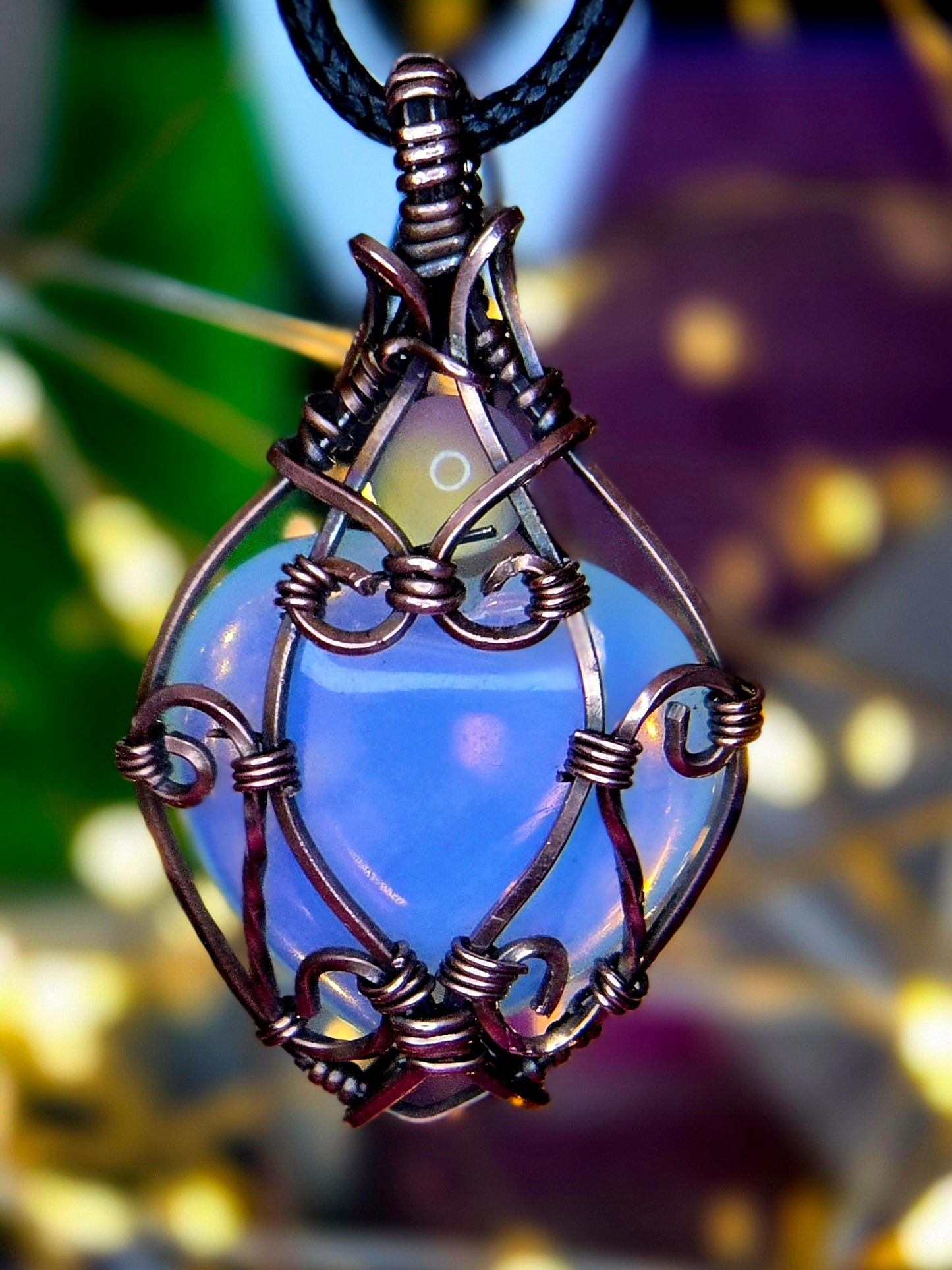 Luminous Opalite Heart Pendant – Hand-Wrapped Copper Jewelry