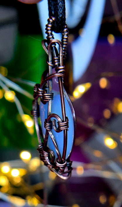Luminous Opalite Heart Pendant – Hand-Wrapped Copper Jewelry