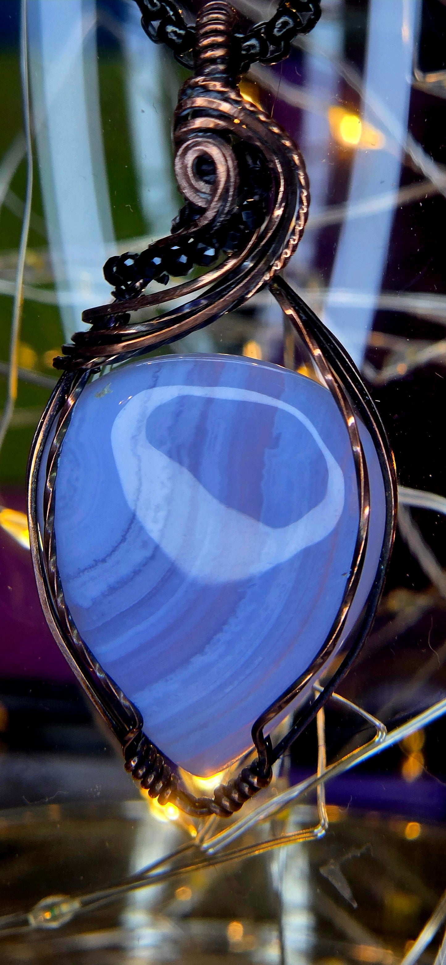 Beautiful Blue Lace – Blue Lace Agate & Black Spinel Copper Pendant