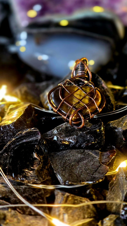 Tiger Heart – Hand-Woven Copper & Tiger's Eye Heart Pendant