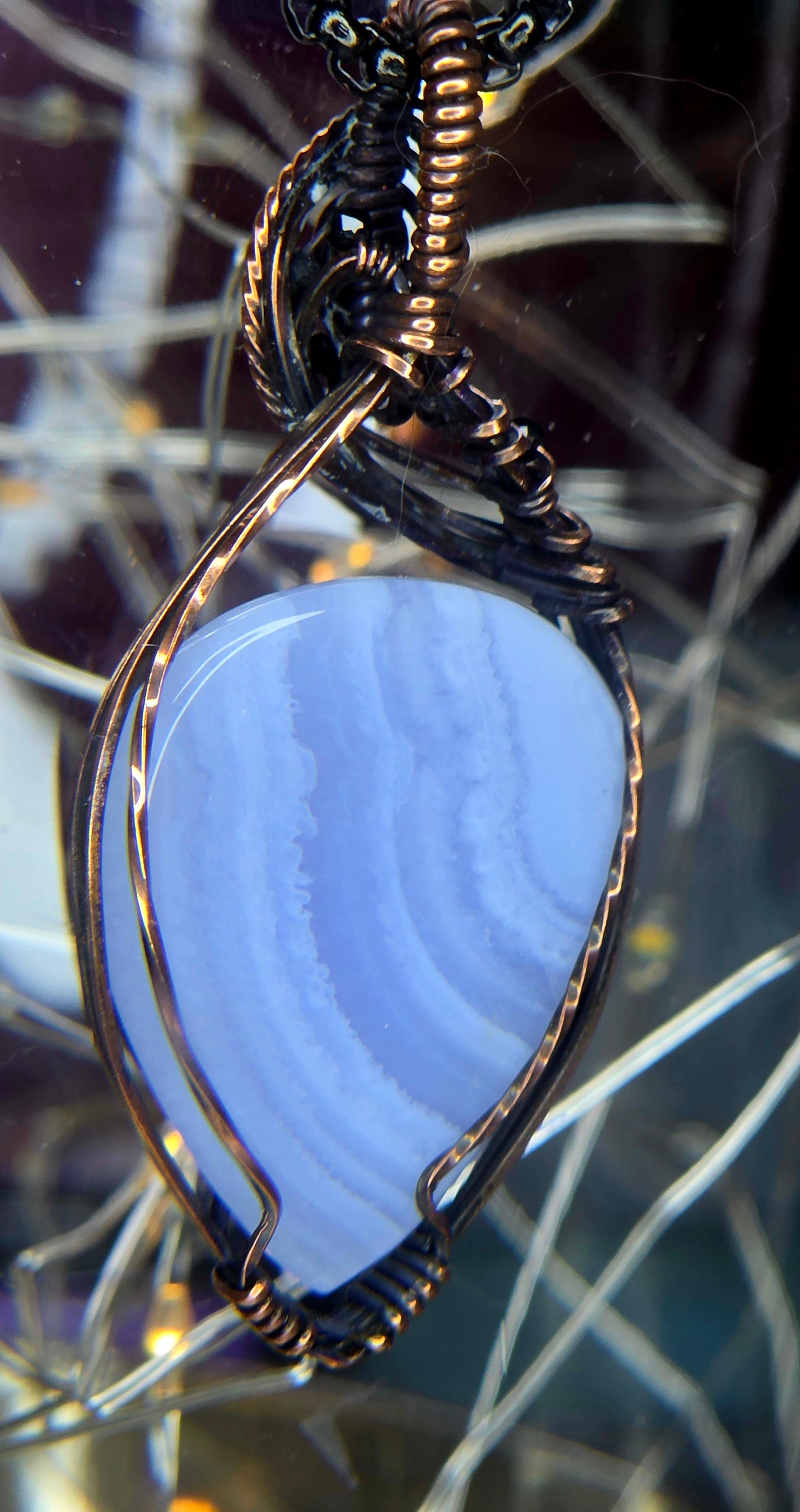 Beautiful Blue Lace – Blue Lace Agate & Black Spinel Copper Pendant