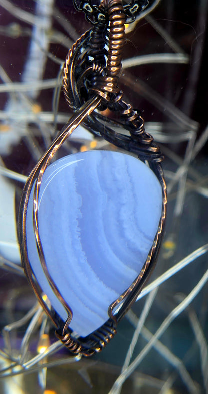 Beautiful Blue Lace – Blue Lace Agate & Black Spinel Copper Pendant