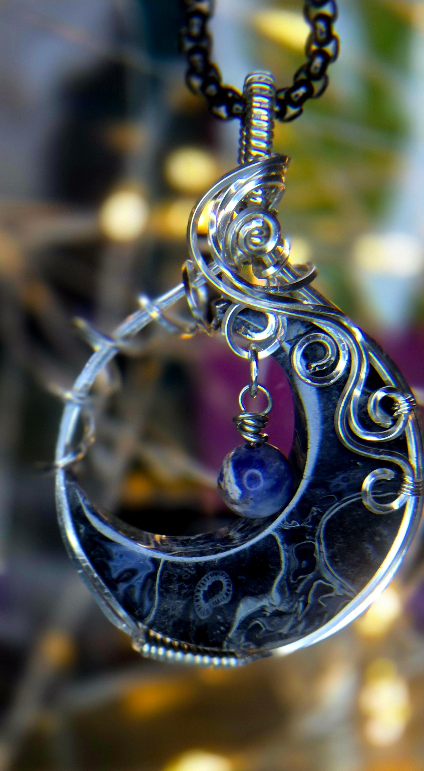 Moon And Earth – Fossilized Palm Root & Sodalite Silver Plated Copper Pendant