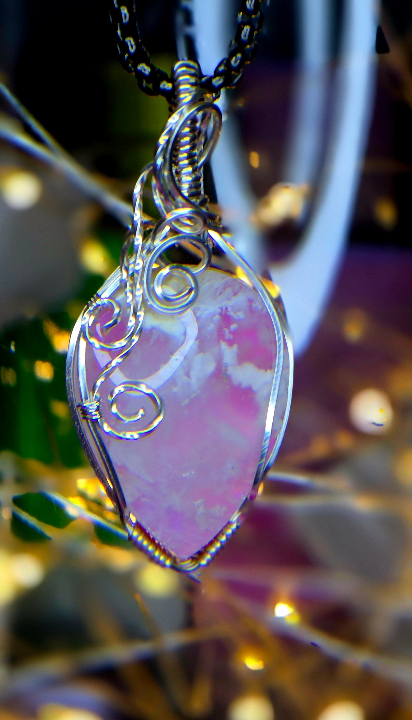 Pink Plume Agate "Sunset Garden" Pendant – Hand-Wrapped Silver Plated Copper Jewelry