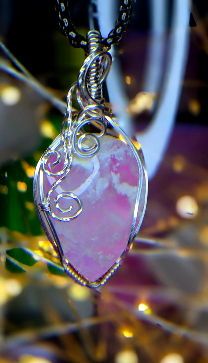 Pink Plume Agate "Sunset Garden" Pendant – Hand-Wrapped Silver Plated Copper Jewelry