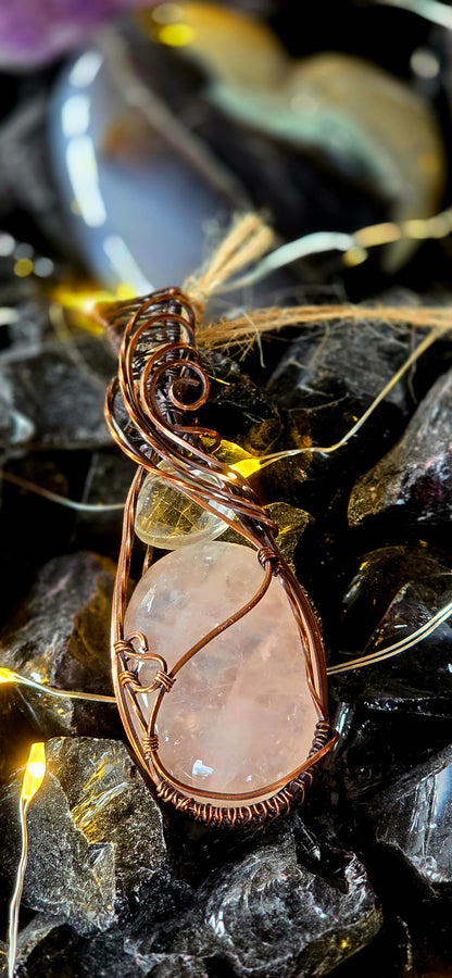 Rose Quartz & Copper Weave Pendant – Pink Artisan Jewelry