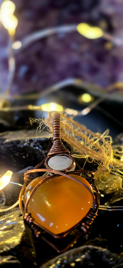 Be Still My Heart – Carnelian & Rainbow Moonstone Copper Pendant
