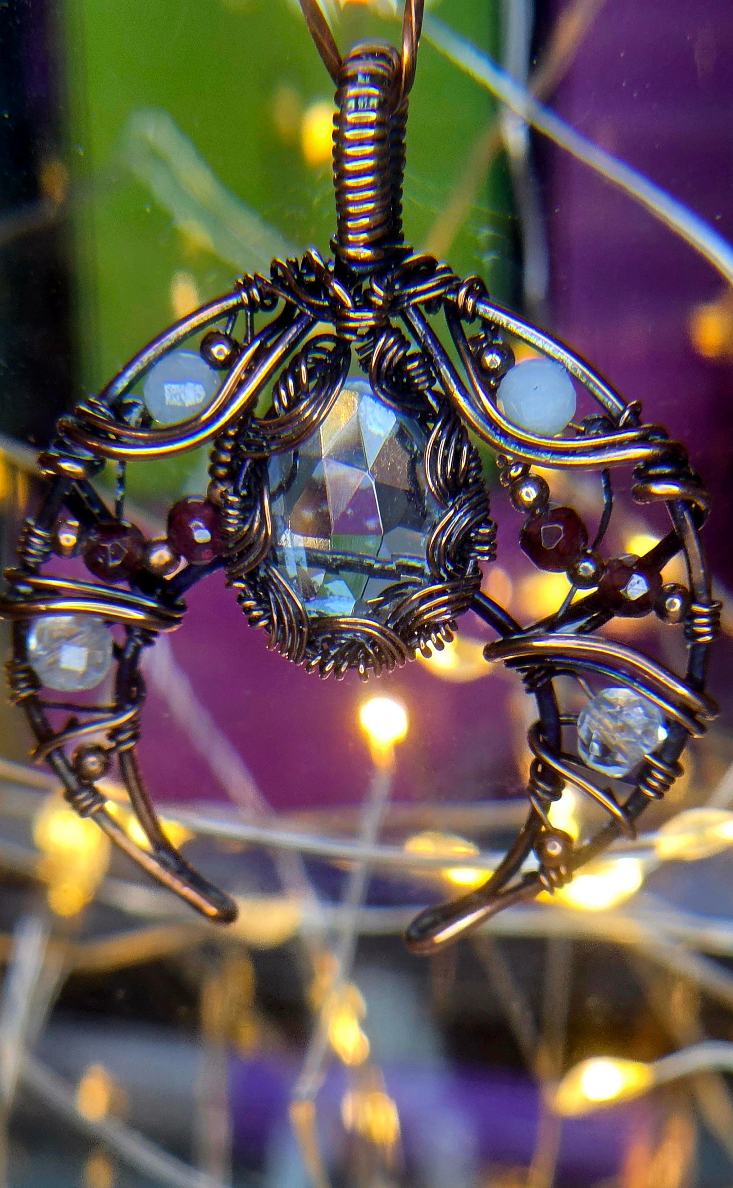 Blue Moon – Blue Topaz, Aquamarine, Garnet & Quartz Copper Pendant