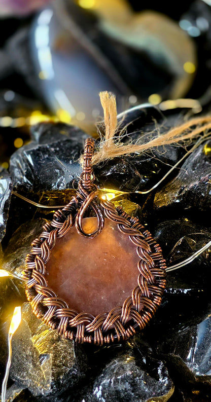 Precious Pendent – Strawberry Quartz & Peridot Copper Wrap