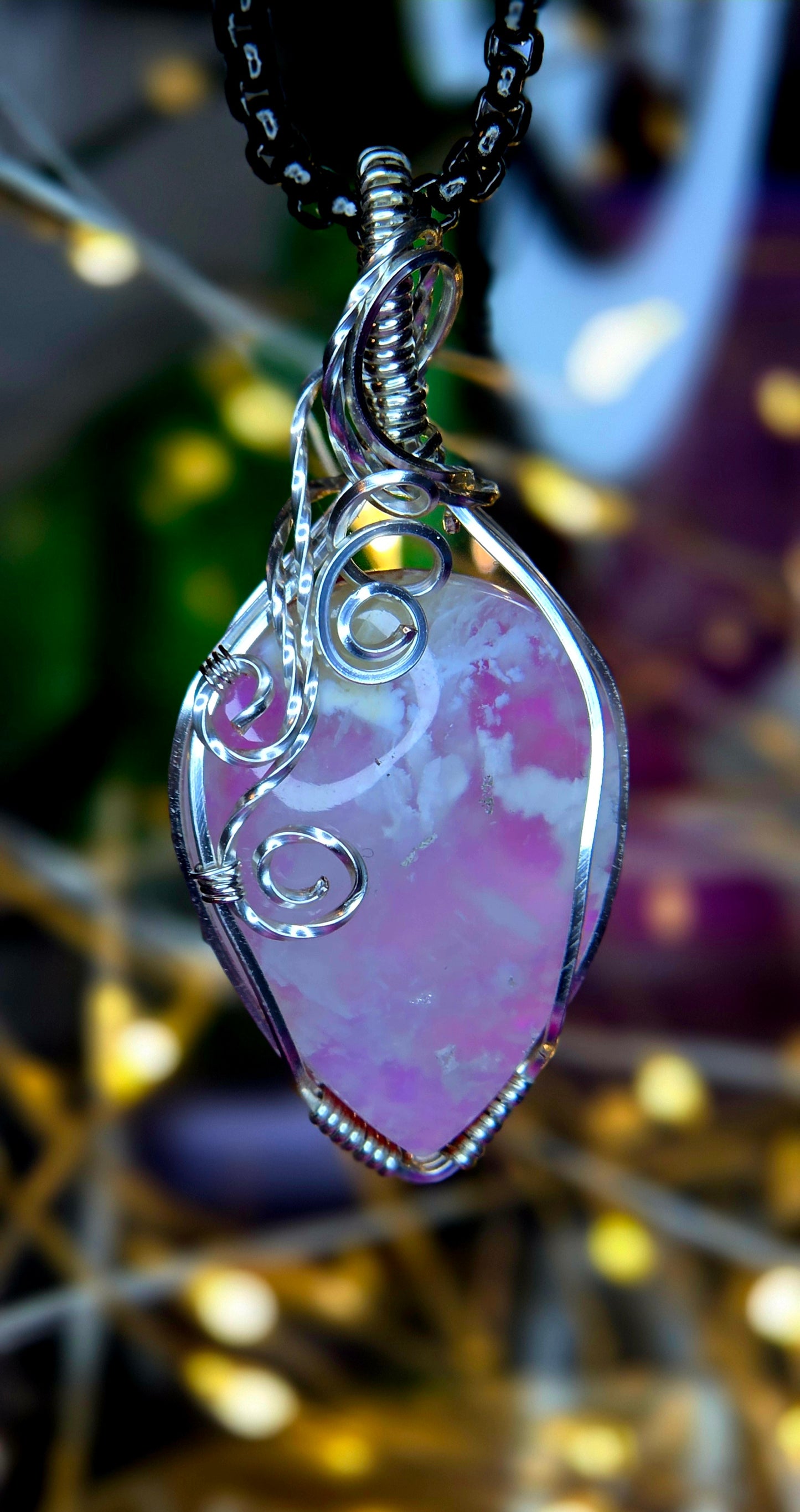 Pink Plume Agate "Sunset Garden" Pendant – Hand-Wrapped Silver Plated Copper Jewelry