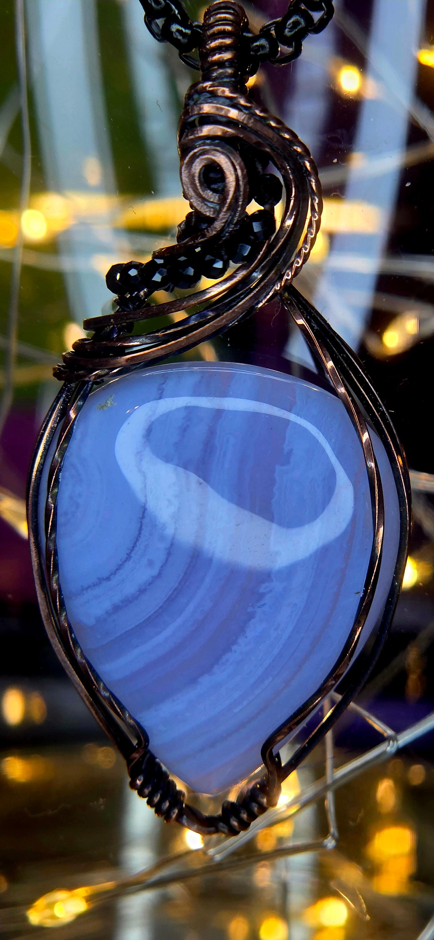 Beautiful Blue Lace – Blue Lace Agate & Black Spinel Copper Pendant