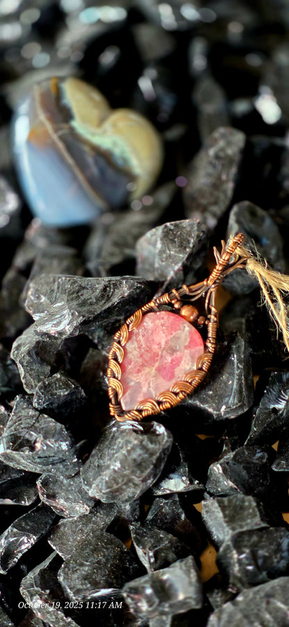 Romantic Rhodanite – Pink Rhodonite & Citrine Copper Wrapped Pendant