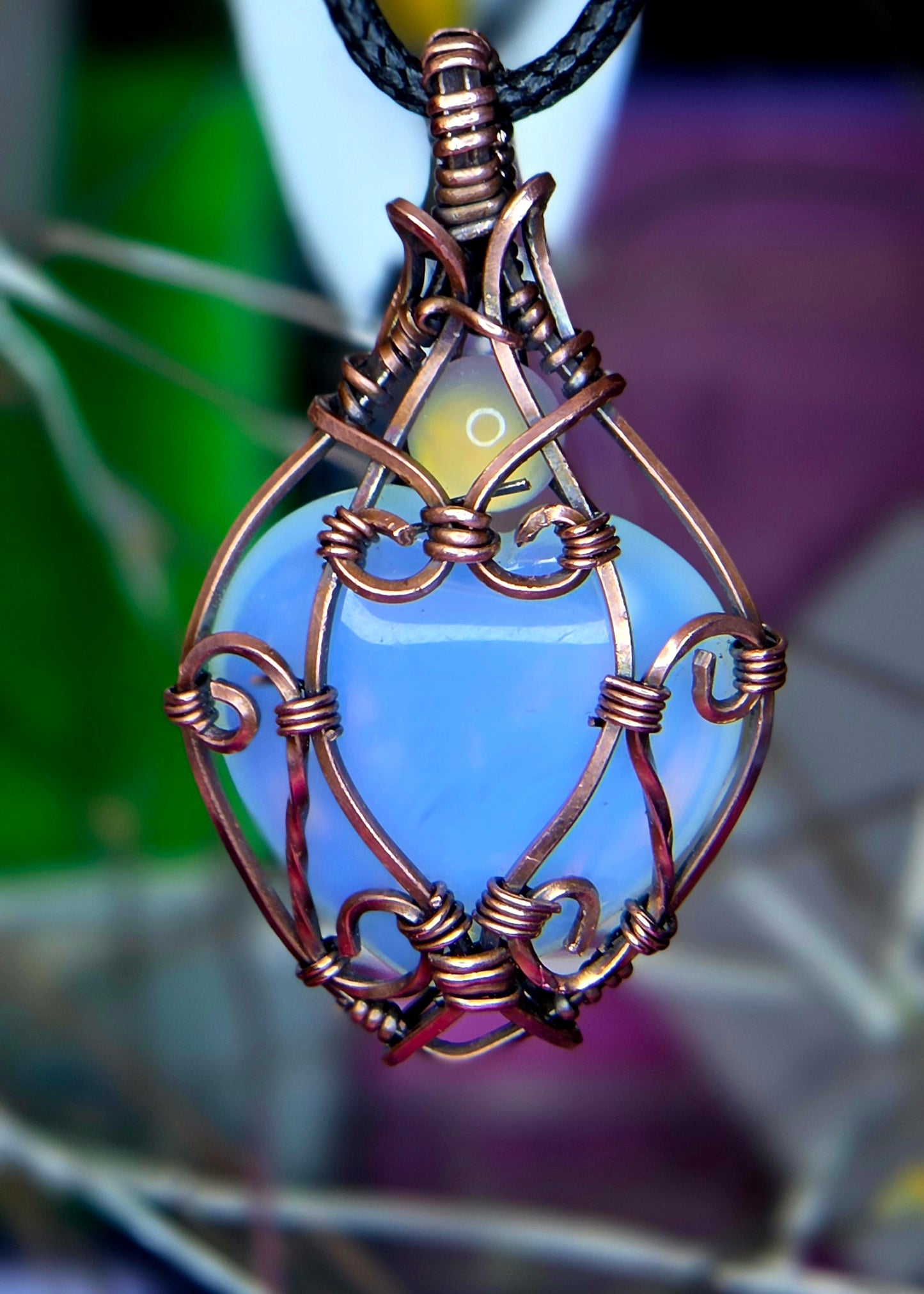 Luminous Opalite Heart Pendant – Hand-Wrapped Copper Jewelry