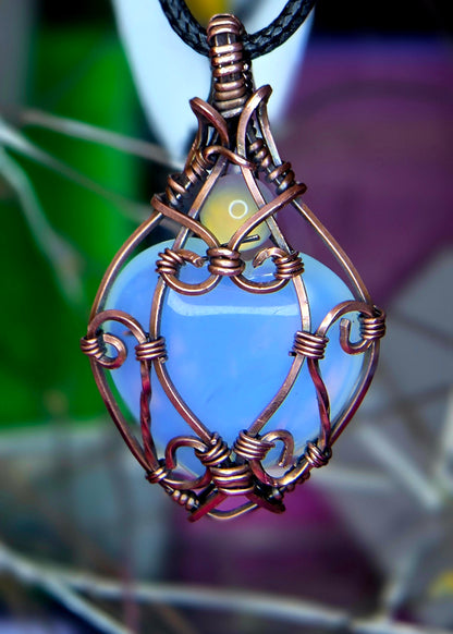 Luminous Opalite Heart Pendant – Hand-Wrapped Copper Jewelry