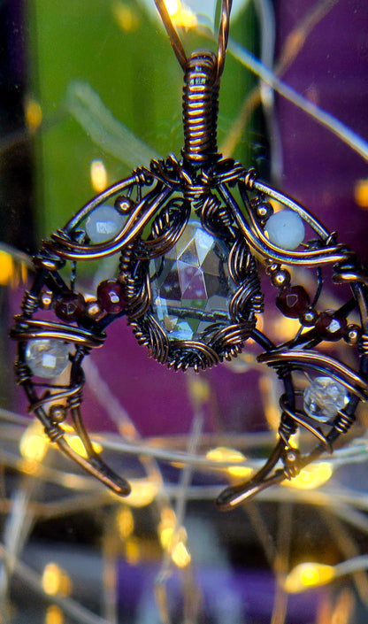 Blue Moon – Blue Topaz, Aquamarine, Garnet & Quartz Copper Pendant