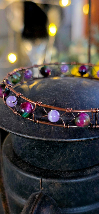 Mixed Tiger's Eye & Amethyst Woven Copper Bangle